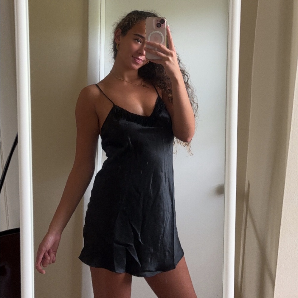 Vintage 90s Val-Mode Lingerie Satin V Neck Tassel Trim Mini Slip Dress in Black